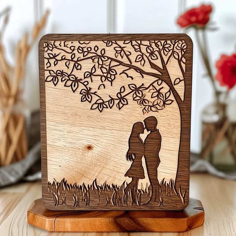 Objet de décoration en bois représentant la silhouette d'un couple amoureux sous un arbre, réalisé de manière précise grâce à une découpeuse laser.