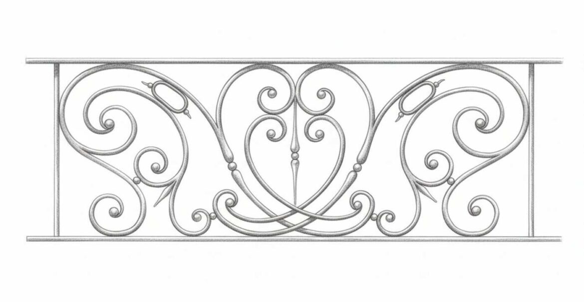 Un garde-corps décoratif en fer forgé avec des motifs en volutes complexes, conçu pour sécuriser les fenêtres en hauteur et les balcons.
