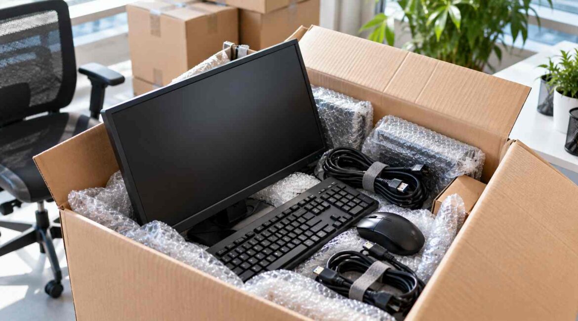 Écran d'ordinateur, clavier et câbles soigneusement emballés dans un carton pour un déménagement de parc informatique.
