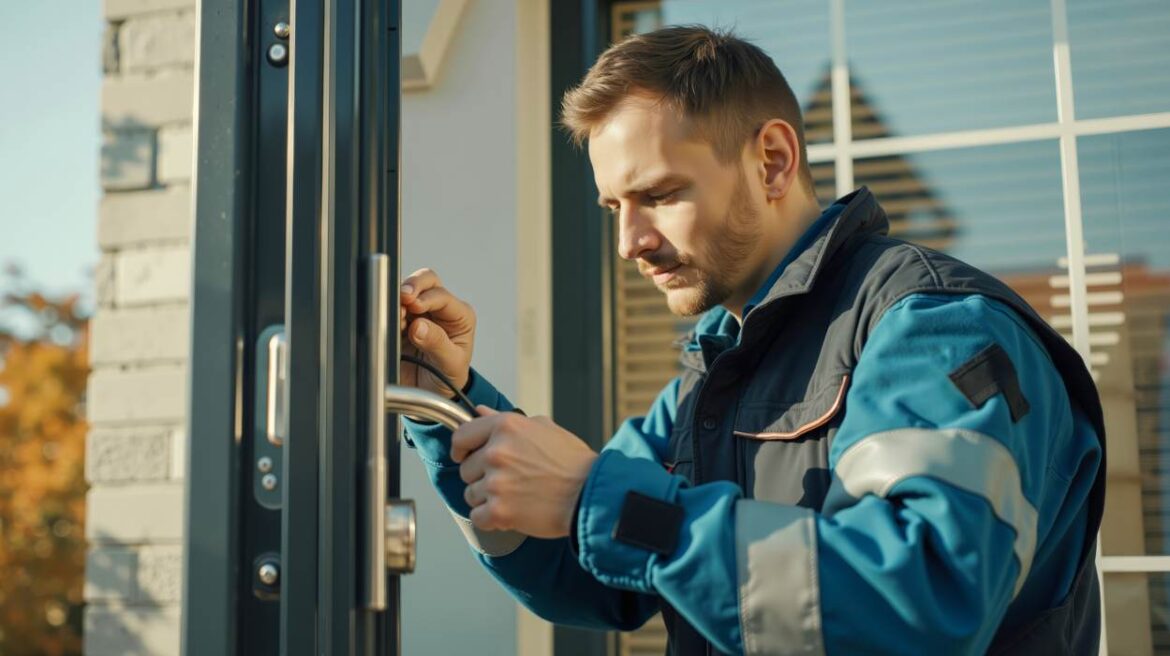 Un technicien professionnel effectue des réglages sur la poignée d'une porte d'immeuble dans le cadre d'un serrurier paris contrat entretien copropriete.