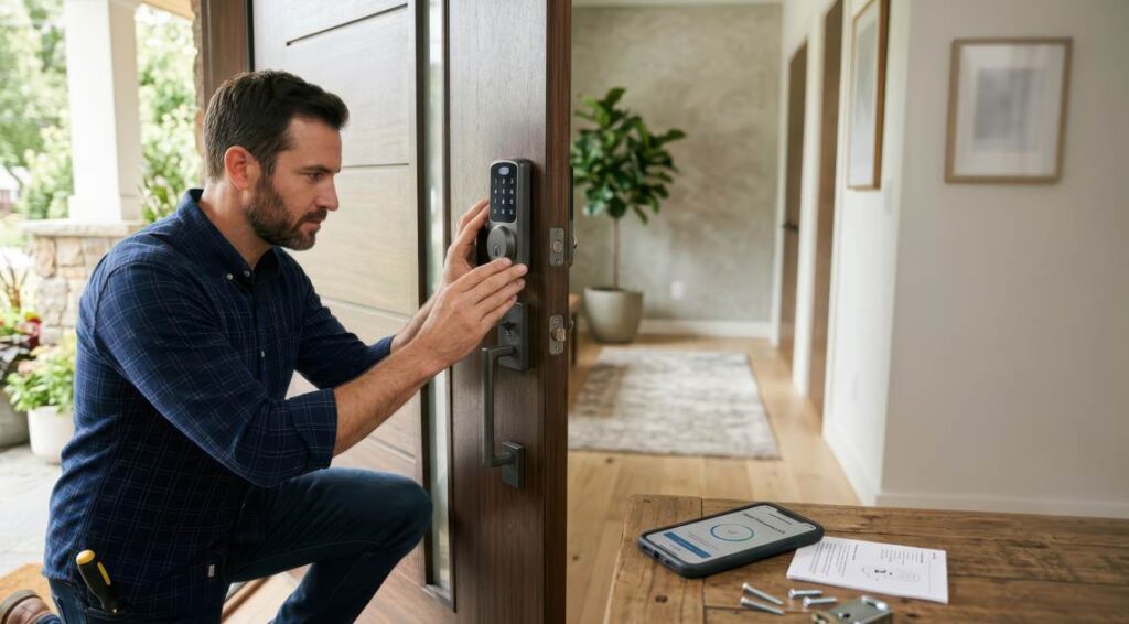 Un professionnel ajuste un système de contrôle d'accès électronique sur une porte dans le cadre d'un serrurier paris contrat entretien copropriete.