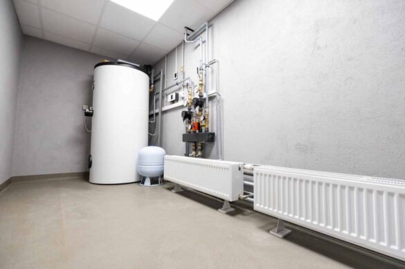 Chaufferie moderne avec ballon d'eau chaude, radiateurs et cuve sanitaire illustrant le rôle et changement vase d expansion chauffage.